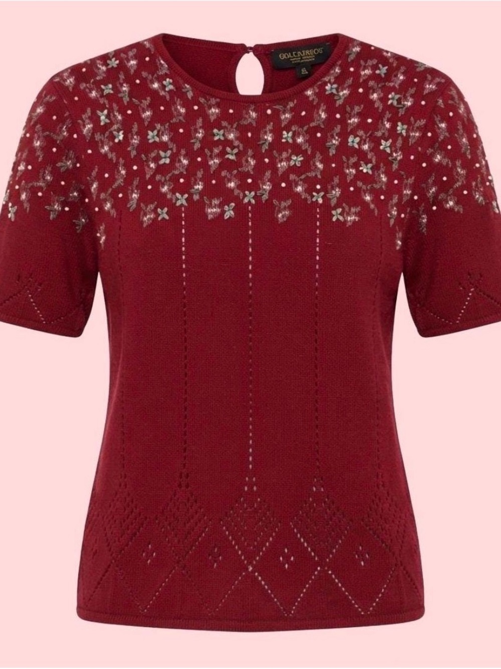 Vintage Susan Bristol Red Floral Beaded Pointelle Knit Sweater (Medium)
